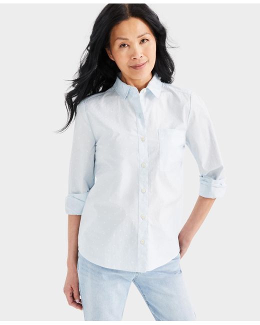 Style & Co. White Printed Cotton Poplin Button-up Shirt