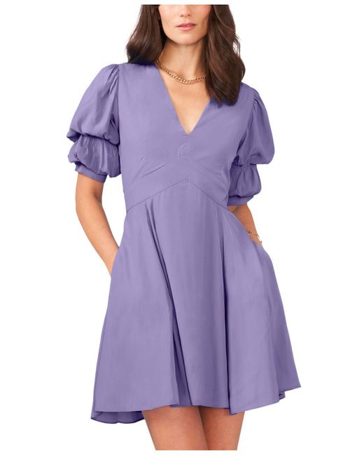 1.STATE Purple Short Puff Sleeve Tiered Short Dress
