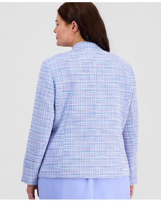 Kasper Blue Plus Size Open-front Tweed Jacket