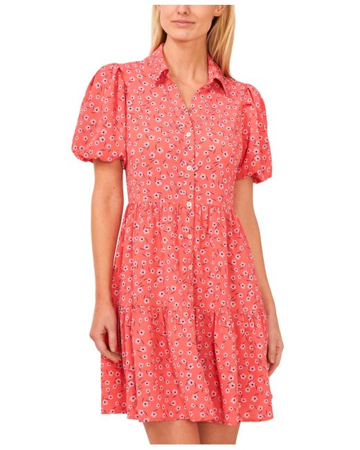 Cece Floral Print Balloon Sleeve Babydoll Shirtdress in Red Lyst