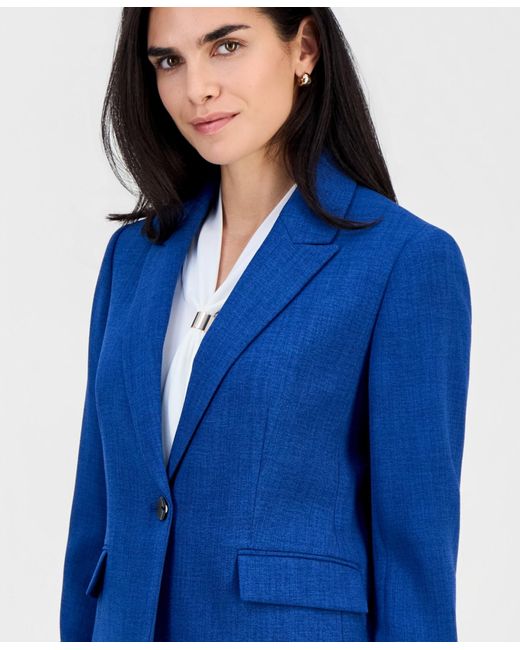 Kasper Blue Petite Peak-lapel One Button Blazer