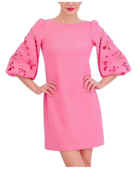 Vince Camuto Pink Signature Stretch Crepe Embroidered-sleeve Shift Dress