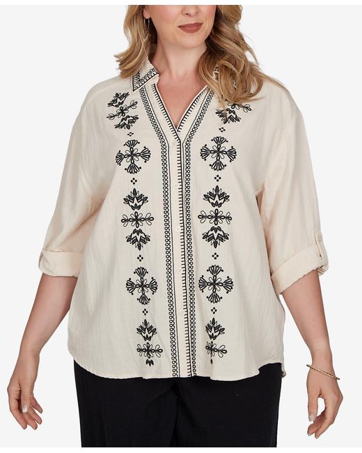 Ruby Rd Natural Plus Size Embroidered Gauze Button Front Top