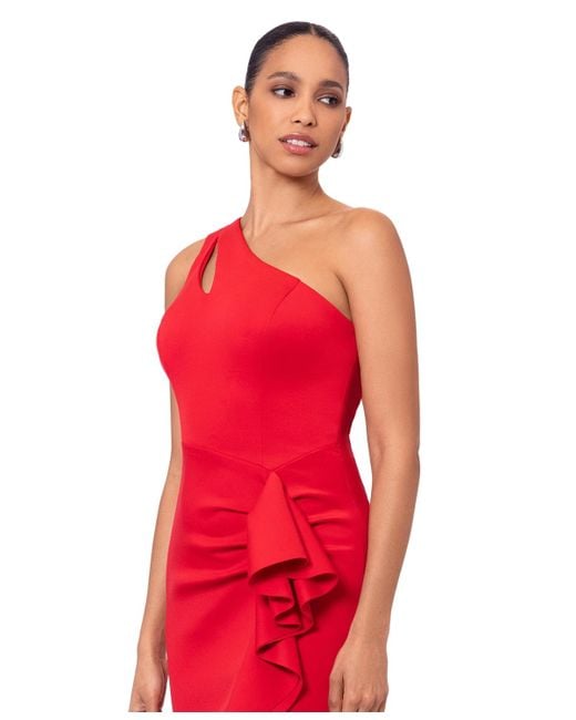 Xscape Red Ruffled One-shoulder Gown