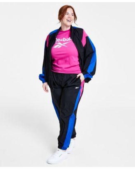 Reebok Blue Plus Size Logo Graphic T Shirt Zip Front Colorblocked Jacket Pull On Logo Woven Track Pants
