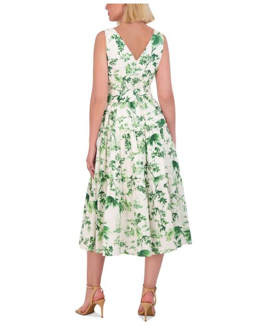 Vince Camuto Green Petite Printed V-neck Belted Cotton Midi Dress
