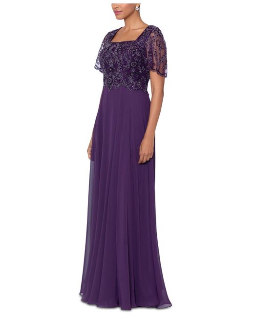 Xscape Purple Bead Embellished Short Sleeve Gown