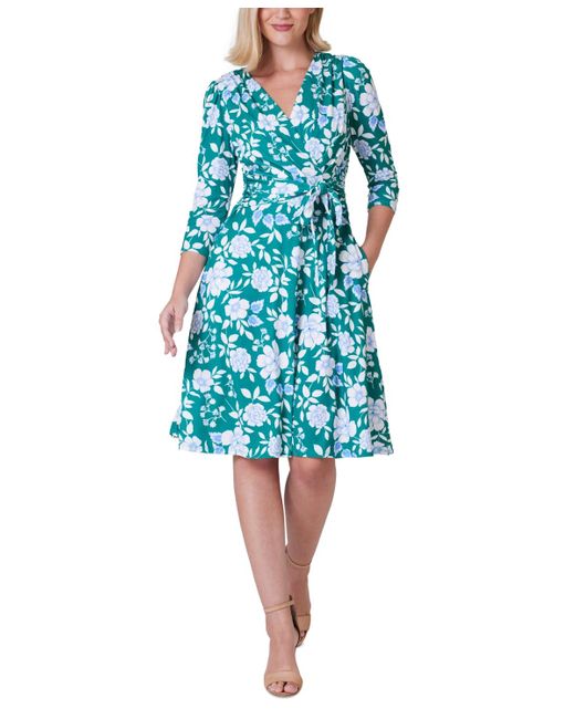 Jessica Howard Blue Floral-print 3/4-sleeve Wrap Dress