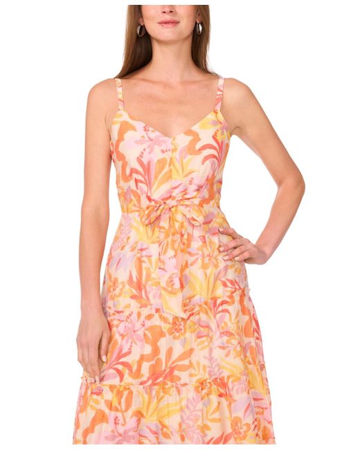 Msk Orange Printed-chiffon Tie-waist Tiered Maxi Dress