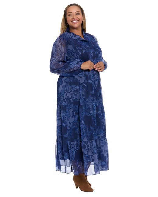 London Times Blue Plus Size Printed Long Sleeve A-line Dress