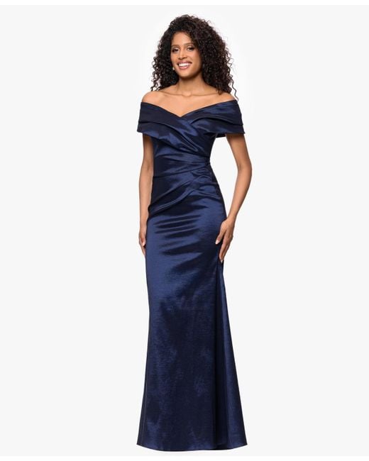 Betsy & Adam Blue Taffeta Off-the-shoulder Dress