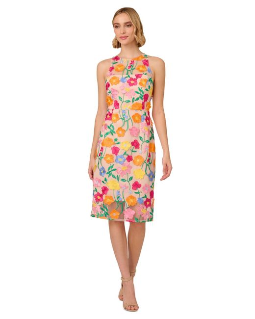 Adrianna Papell White Floral-embroidered Column Dress
