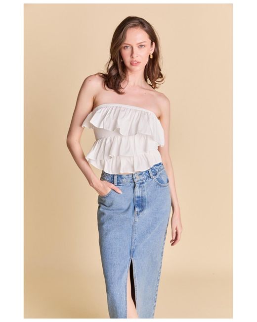 Endless Rose Blue Mixed Media Ruffled Strapless Top