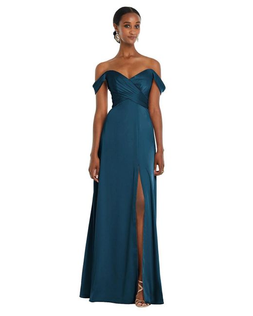 Dessy Collection Blue Off-the-shoulder Flounce Sleeve Empire Waist Gown