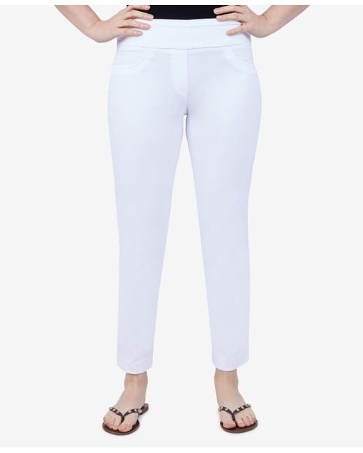 Ruby Rd White Petite Mid-rise Pull-on Straight Solar Millennium Tech Ankle Pants
