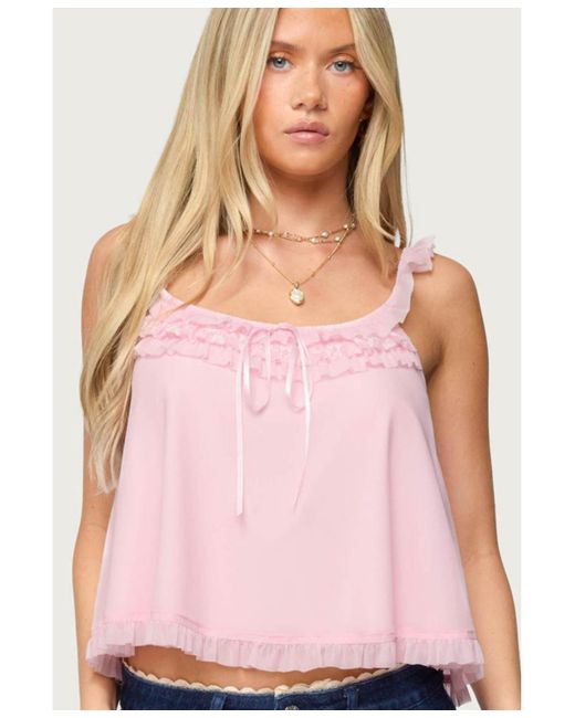 Edikted Pink Ruffle Mesh Babydoll Tank Top