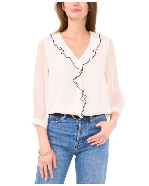 Vince Camuto White Ruffled Piping 3/4-sleeve Relaxed Blouse