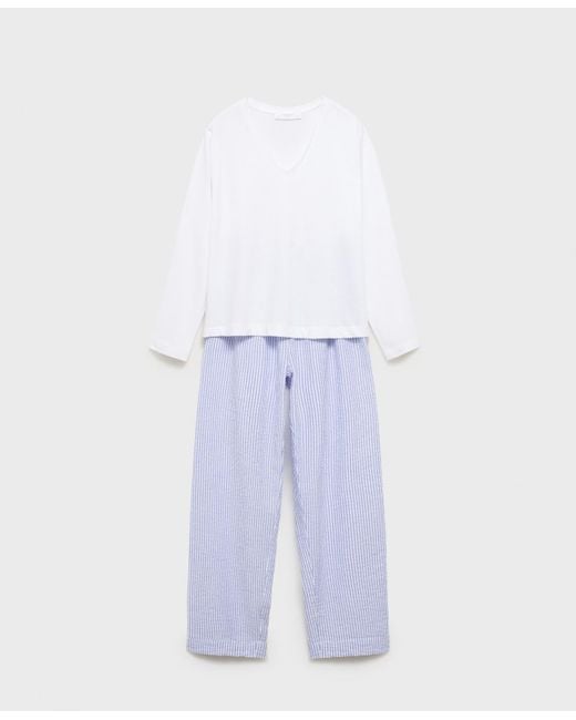 Mango White 2-piece Seersucker Striped Pajamas