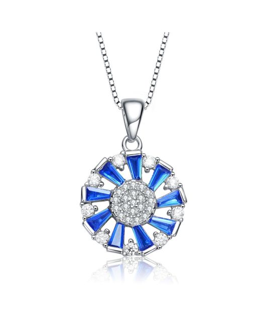 Genevive Jewelry Blue Sterling Silver Round And Baguette Colored Cubic Zirconia Wreath Pendant Necklace