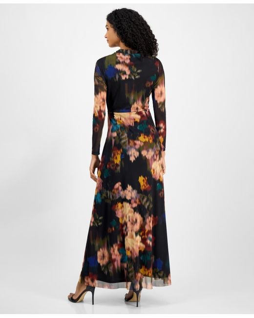 Anne Klein Multicolor Printed Twist-front Long-sleeve Maxi Dress