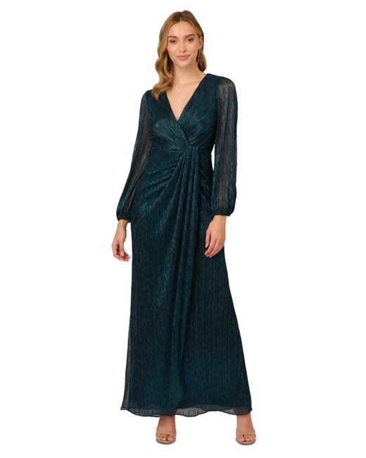 Adrianna Papell Blue Metallic Crinkled Draped Gown