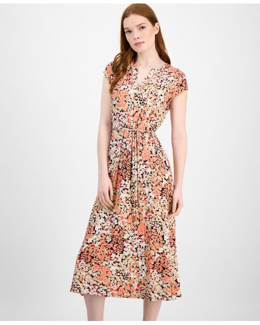 Tommy Hilfiger White Floral-print Ladder-trim Midi Dress