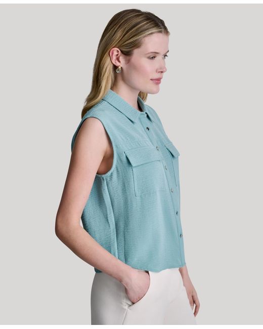 DKNY Blue Sleeveless Collared Top
