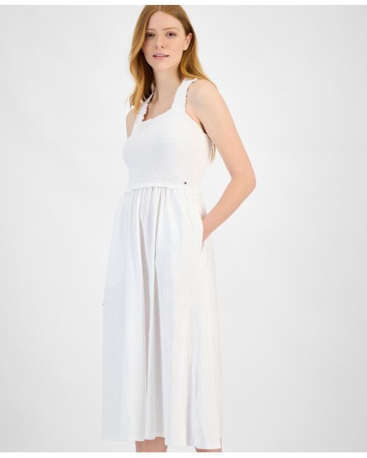 Tommy Hilfiger White Cotton Smocked Sleeveless Midi Dress