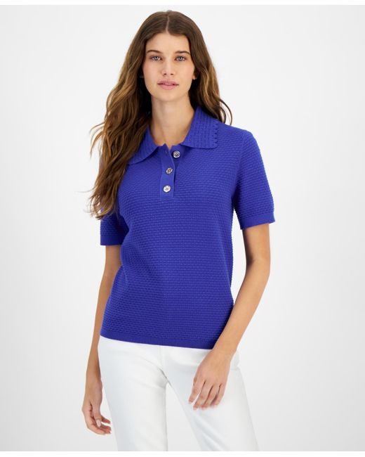 Tommy Hilfiger Blue Cotton Textured Polo Top