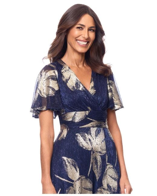 Betsy & Adam Blue Crinkled Flutter-sleeve Gown