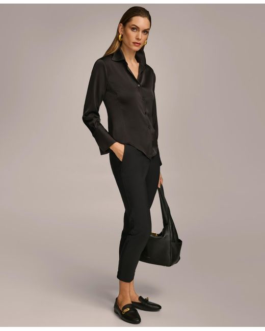Donna Karan Black Petite Button Front Point Hem Top