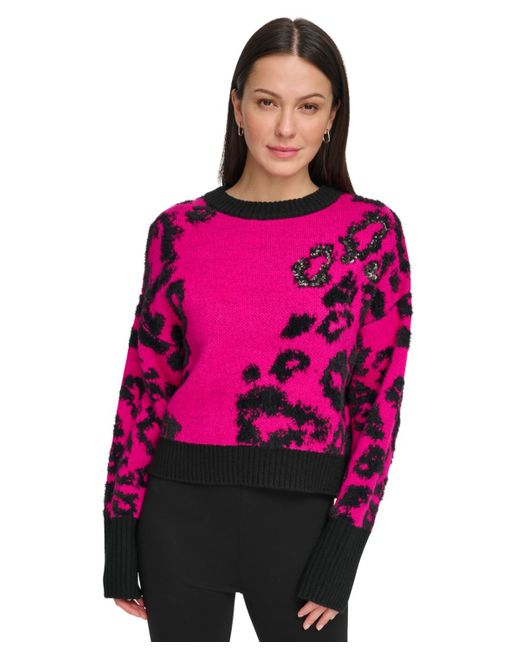 DKNY Pink Animal-pattern Textured Contrast Sweater