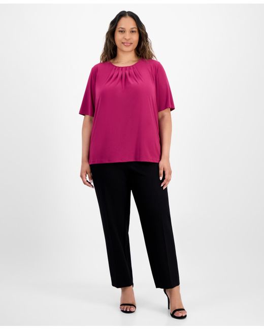 Kasper Pink Plus Size Elbow-sleeve Pleated-neck Top