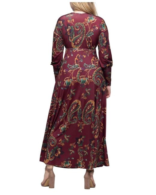 24seven Comfort Apparel Red Wine Paisley Print Sleeve A Line Maxi Dress