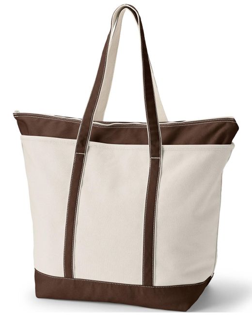 Lands' End Natural Extra Large 5 Pocket Zip Top Long Handle Canvas Tote Bag