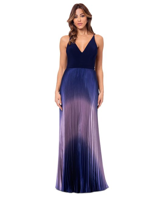 Betsy & Adam Blue Ombre Pleated Gown
