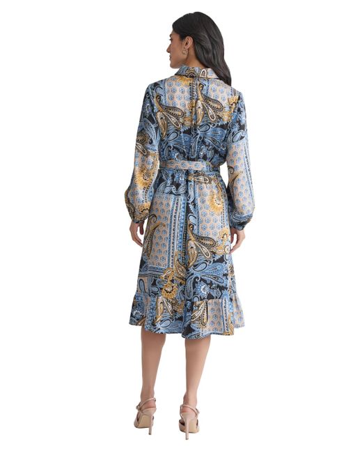 Jones New York Blue Collared Paisley Tie-waist Shirtdress