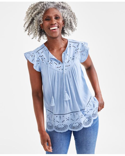 Style & Co. Blue Mixed-media Lace-trimmed Top