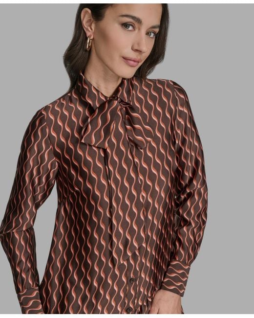 BCBGMAXAZRIA Brown Satin Tie-neck Long-sleeve Shift Dress