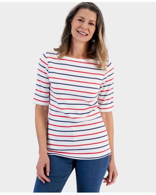 Style & Co. White Striped Boat-neck Elbow-sleeve Top