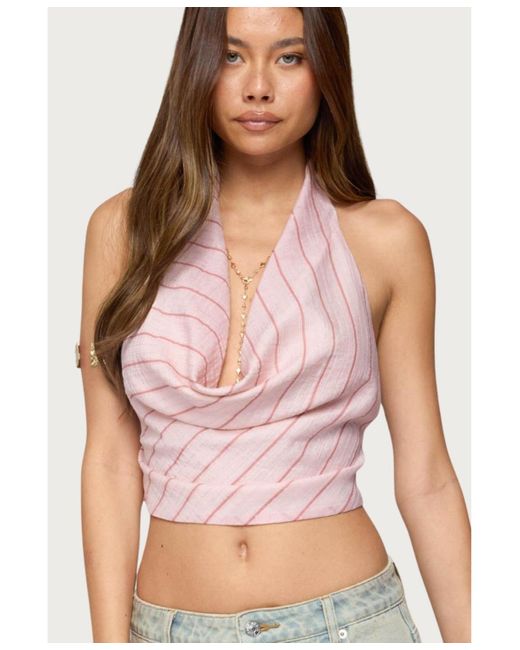 Edikted Pink Stripey Metallic Cowl Neck Halter Top