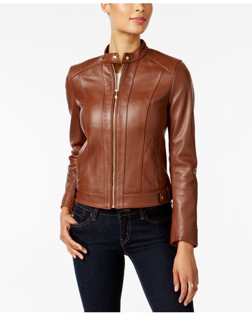 Lyst Cole Haan Leather Snap On Moto Jacket In Brown Cole Haan Brown Leather Snap On Moto Jacket Lyst