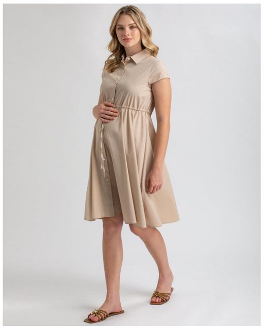 PIETRO BRUNELLI MATERNITY Natural Maternity Poplin Nursing Friendly Button-front Drawstring Viola Shirt Dress