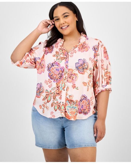 Democracy Red Trendy Plus Size Floral-print Ruffle-trim Blouse