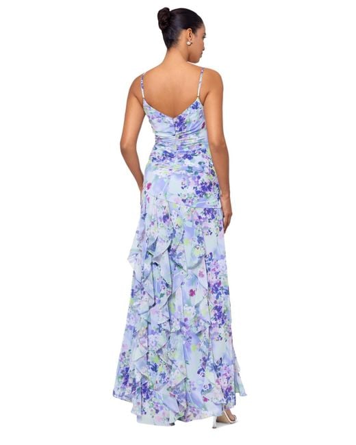 Xscape Blue Floral-print Rosette Ruffled Gown