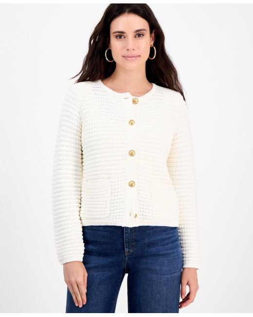 INC International Concepts White Petite Yarn-blend Button-down Cardigan Sweater