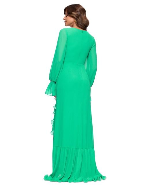 Xscape Green V-neck Ruffle-trim Slit-front Chiffon Gown