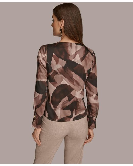 Donna Karan Brown Petite Printed Satin Long Sleeve Wrap Top