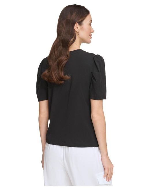 DKNY Black Graphic-print Puff-sleeve Knit Top