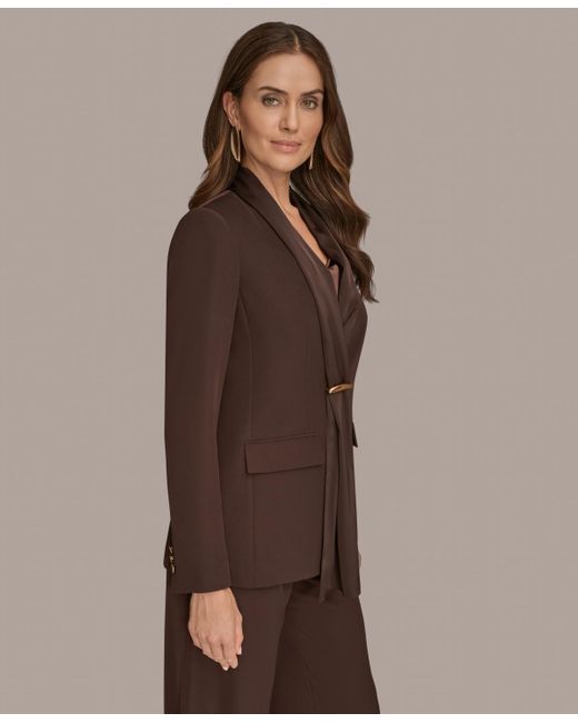 Donna Karan Brown Petites Mixed Media Draped Neck Blazer